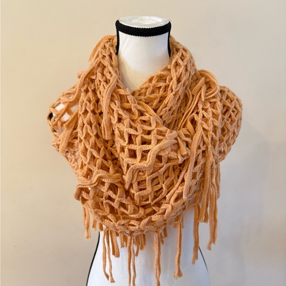 Accessories - Peach crochet shawl or wrap with fringe